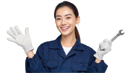 Smiling female mechanic wearing gloves holding wrench happy auto repair service professional woman auto repair shop worker automotive industry skilled technician experienced on transparent background