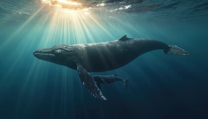 Fototapeta premium Humpback whale mother, calf swim through sunlit ocean water. Sun rays illuminate dark blue depths creating beautiful underwater scene. Marine life, ocean ecosystem. Protection, conservation,