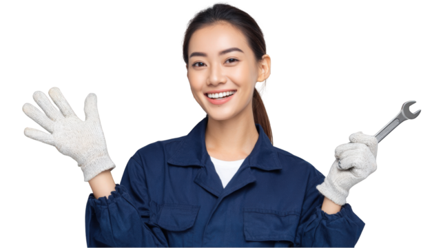 Smiling female mechanic wearing gloves holding wrench happy auto repair service professional woman auto repair shop worker automotive industry skilled technician experienced on transparent background