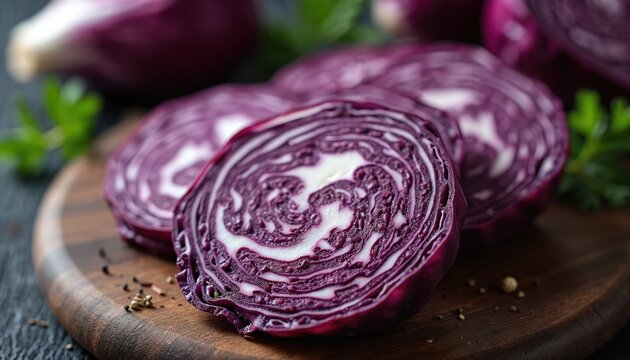 Freshly sliced red cabbage on wooden cutting board. Healthy raw vegetable for salads, cooking. Purple cabbage slices, organic vegan food. Tasty, nutritious ingredient for vegetarian recipes.