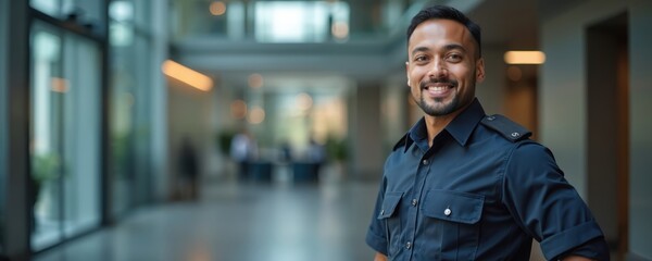 Smiling security guard in modern business center. Guard in uniform, pro job. Happy man at work, smiling. Safety, protection, police officer job, urban lifestyle.