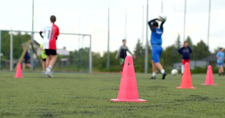 A lively group of young soccer players practices drills on a green field, using pink cones to enhance their skills, foster teamwork, and build camaraderie as they develop in the sport - Powered by Adobe