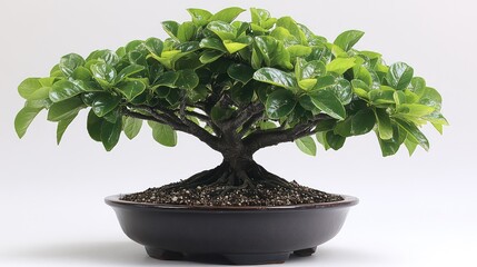 Tropical bonsai with lush leaves in sleek container against soft white background.