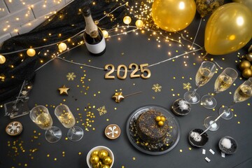 Top view of a festive New Year’s Eve table: champagne glasses, confetti, golden balloons, and a “2025” cake topper.