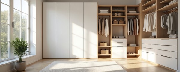 Bright modern walk-in closet interior design. White cabinet and shelves with clothes. Home interior with natural light, big window and green plant. Apartment storage design and storage space.