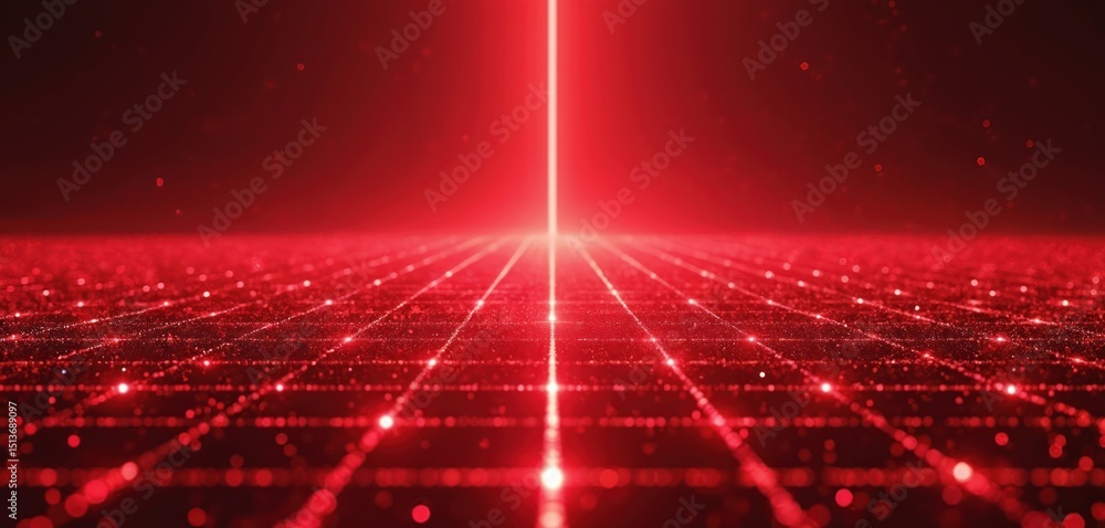 Aufkleber Futuristic digital landscape with red grid lines. Abstract modern tech background with neon light. Digital network, data flow, cyberspace concept. Cyberpunk illustration, perfect for business,