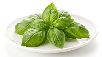 A vibrant "clump of fresh basil leaves" is beautifully arranged in a circular pattern on a pristine white plate, highlighting its rich green color and aromatic freshness