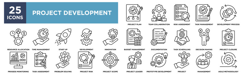 Project Development icon collection set. Containing project,start up,project plan,team collaboration,resource allocation icon. Simple line vector.
