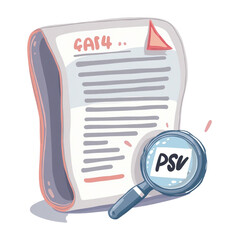 Cartoonish document with highlighted text, magnifying glass indicating information research and data analysis on paper