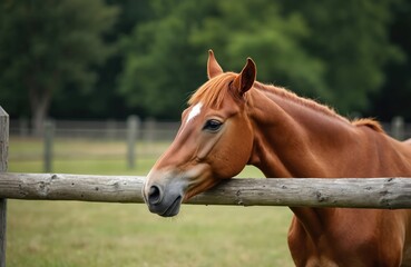 Chestnut horse leans against wooden fence on green pasture. Peaceful, scenic animal portrait. Equine mammal enjoys summer outdoors. Nature, ranch life. Focus on detailed head, eye.