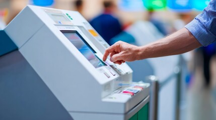 Passenger scanning boarding pass at airport self-check-in kiosk, modern air travel technology, automated check-in process for flight departure, digital boarding pass scanning concept.	