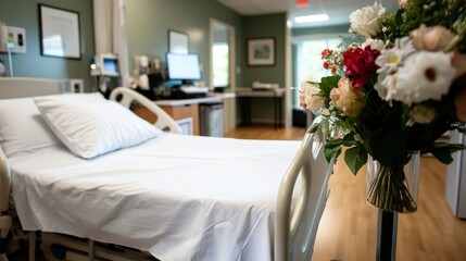 A bright hospital room showcases a neatly made bed alongside a bouquet of colorful flowers, symbolizing hope and healing in healthcare environments, radiating warmth and comfort.
