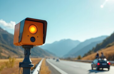 Radar speed camera monitors road traffic, detects speeding cars. Yellow light flashes, enforcing speed limit with AI tech. Highway safety, road control, fine. Vehicle recognition technology.