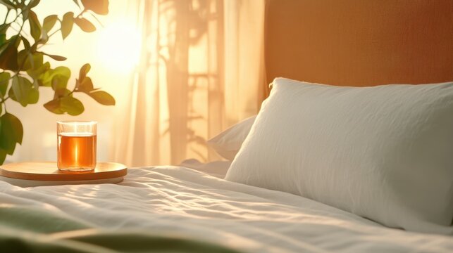 A cozy morning scene with a glass of tea beside a sunlit bed, evoking feelings of warmth, relaxation, and tranquility in a peaceful environment.