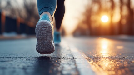 A close-up view of a runner's shoe hitting the pavement at sunset, symbolizing perseverance, fitness, and the journey of self-improvement in life.