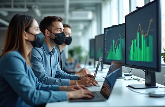Office colleagues analyze data on monitors. Team works in modern office space with laptops, graphs on screen. Business team wears face masks. Professionals analyze data on charts during pandemic.