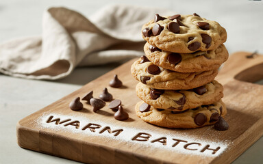 A photograph of a stack of warm, freshly baked chocolate chip cookies arranged on a rustic wooden cutting board.