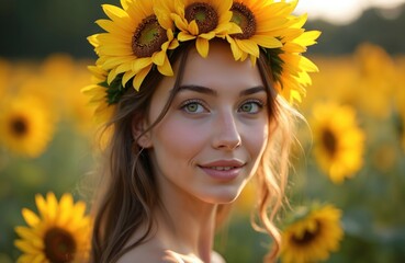 Young woman with sunflower crown smiles in sunny field. Portrait with golden light. Beautiful face, green eyes. Summer vibes, floral nature scene. Girl in a field of sunflowers.