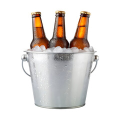 Beer bottles in ice bucket, isolated on a transparent background