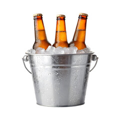 Beer bottles in ice bucket, isolated on a transparent background