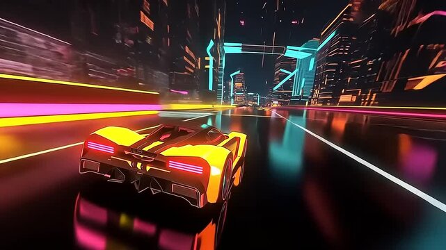 Futuristic neon cityscape with a sleek racing car speeding through illuminated streets at night