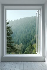Big window in white room with beautiful pine forest view represent relaxing and peaceful