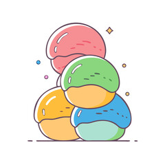 A stack of colorful mochi ice cream balls in a cute style illustration