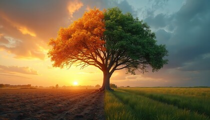 Conceptual art of tree climate change impact. Half-dead, half-alive tree outdoors represents environmental transformation. Global warming, ecology concept, deforestation, planet destruction, eco