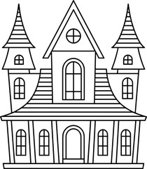 Fototapeta premium Spooky Mansion Line Art Vector – Halloween Haunted House Outline Illustration for Seasonal Designs