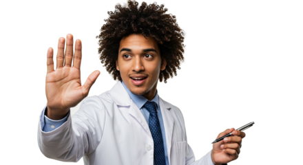 Smiling doctor with curly hair gesturing with hand and holding a pen against a black background