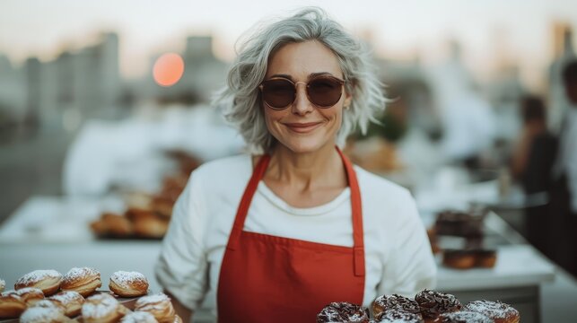 A smiling baker proudly displays a variety of fresh pastries during sunset. The warm evening light beautifully enhances the joyful ambiance of the market setting.