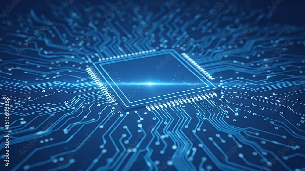 Poster examining microchip circuit board glowing with data light technology close up
