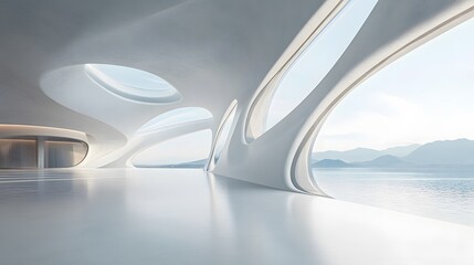 Fototapeta premium minimal futuristic hall with natural views through large windows,