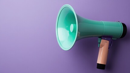 A vibrant turquoise megaphone rests against a textured purple wall, symbolizing communication and expression in a visually striking combination of colors and themes.