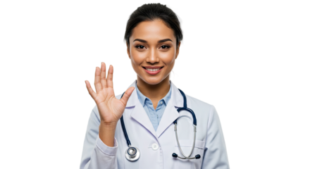 Smiling female doctor waving hand in a white coat, looking at the camera