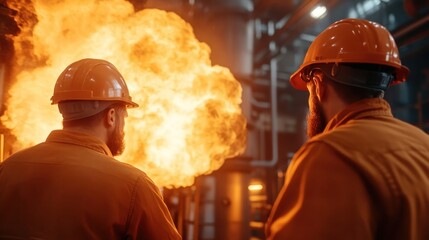 Two workers in safety helmets watching an industrial fire in a factory, embodying the intense environment of industrial work and the importance of safety and awareness.
