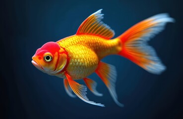 Vibrant comet goldfish isolated on deep blue background. Goldfish features bright orange and yellow colors with long flowing fins. Beautiful aquatic pet swims underwater.