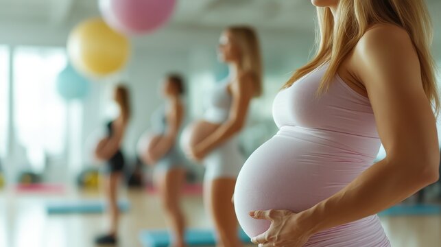 A serene scene of multiple pregnant women engaging in yoga classes, promoting wellness and mindfulness as they prepare for motherhood, surrounded by a calming atmosphere.