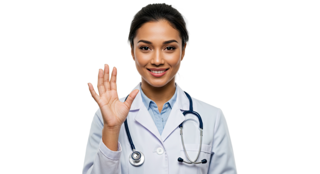 Smiling female doctor waving hand in a white coat, looking at the camera