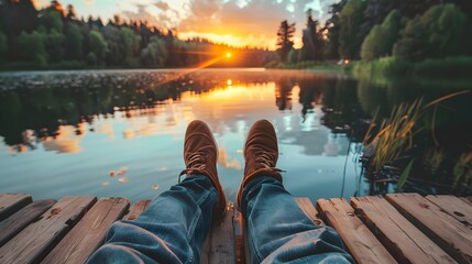 Serene sunset view over a tranquil lake with a person relaxing on a wooden dock in nature