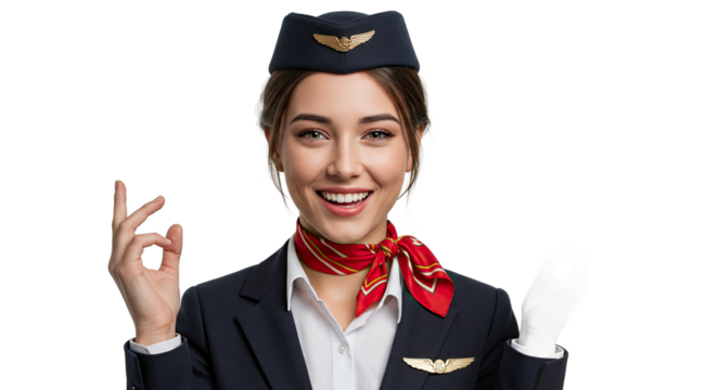 Smiling female flight attendant in uniform gesturing the "OK" sign with her hand