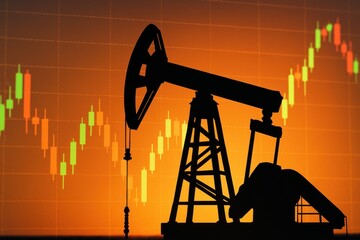 An oil pump jack stands prominently in the foreground, backlit by a colorful graph showing rising and falling stock trends, indicating market fluctuations in the oil industry