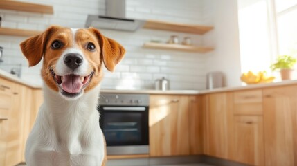 Fototapeta na wymiar A joyful dog sitting in a bright, modern kitchen, smiling and embodying the warmth and companionship pets bring into our lives within a cozy home environment.