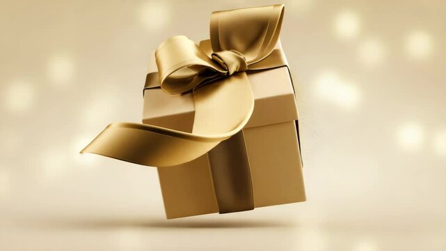 Gold gift box floating animation, gold gift box sparkle explosion, gold gift box ribbon twist in motion
