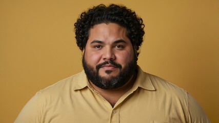 Obraz premium Plus size Hispanic man plain yellow background, looking proud