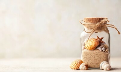 happy travel concept. Glass jar filled with sand and seashells on a light background.