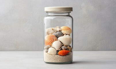 happy travel concept. Glass jar filled with seashells and sand on a neutral background.