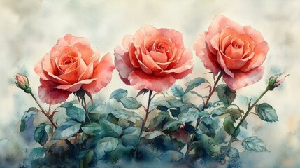 Delicate coral roses in a watercolor garden