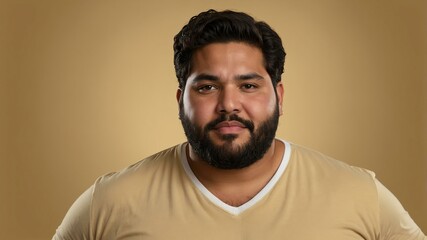 Fototapeta premium Plus size Hispanic man plain gold background, looking proud