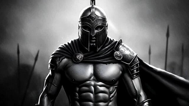 Black and white animation of ancient armored warrior in dramatic battle pose